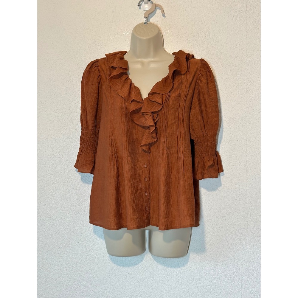 Laura Ashley Rust Orange Ruffle Neck Blouse Smocked Sleeve Lyocell Top Medium